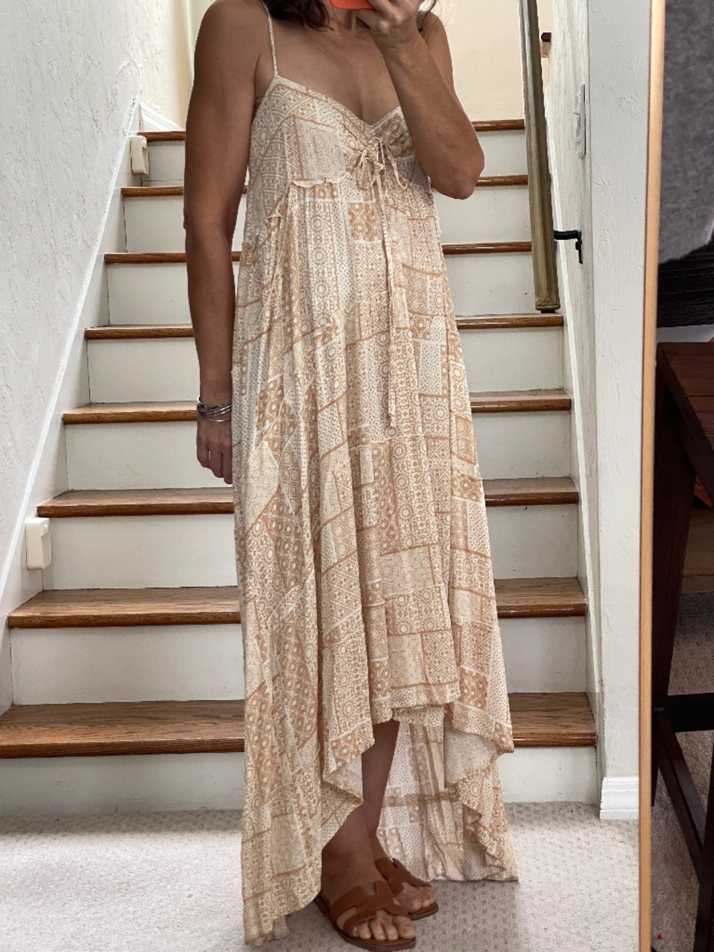 By Together  boho tan / white asymmetrical long summer dress women S